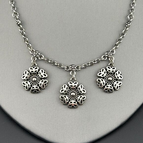 BRIGHTON Three Flowers Snowflakes Silver-tone Cable Chain Necklace 17" - Picture 1 of 9
